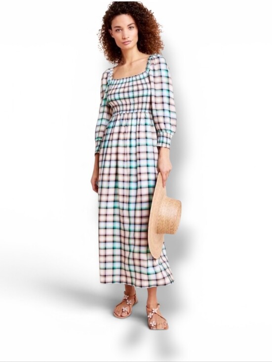 Anthropologie Dresses & Skirts - Anthropologie Maeve Cerie Smocked Plaid Square Neck Midi Dress Size Small